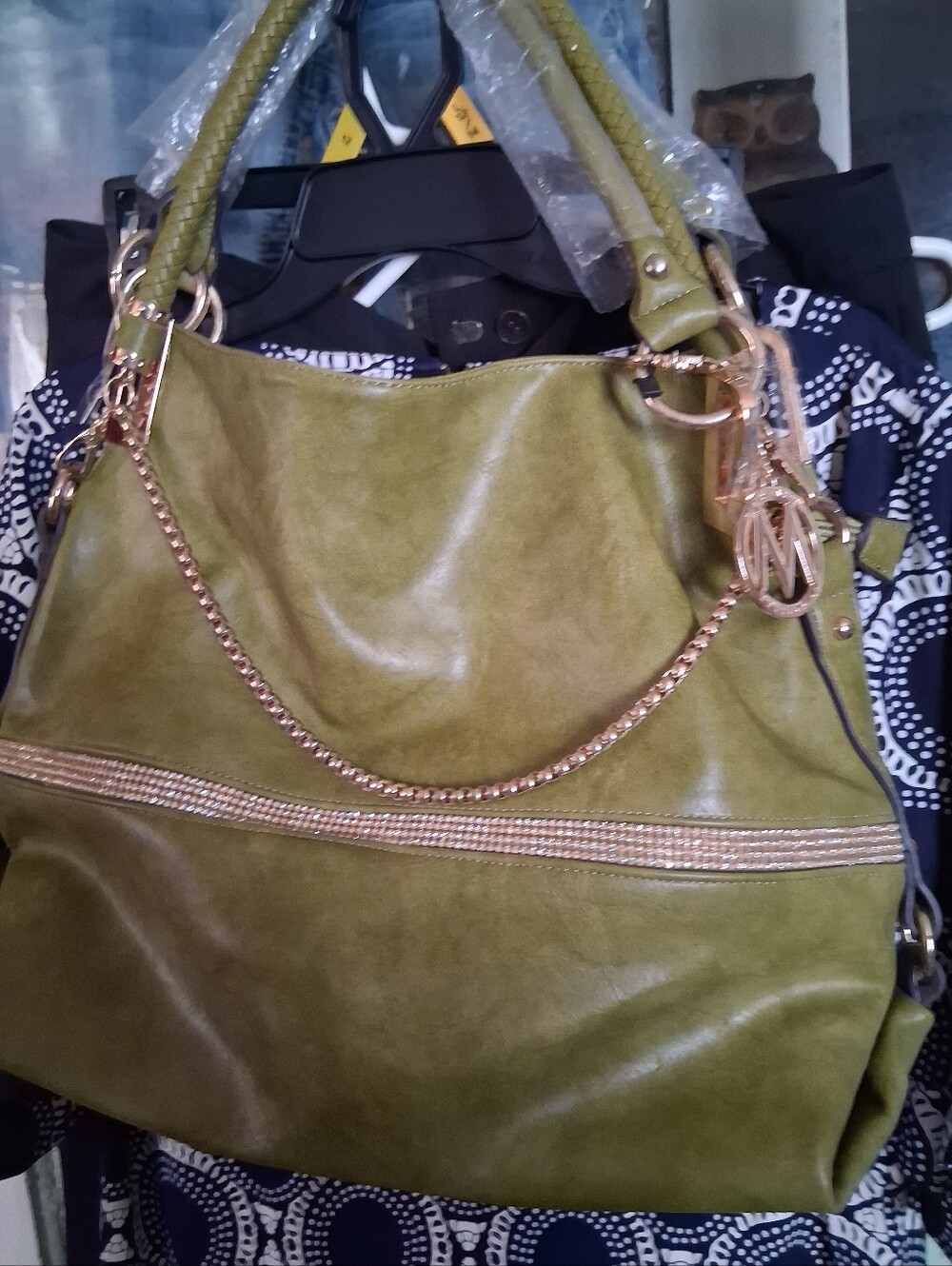 Olive Green Shoulder Tote with Gold Chain Detail